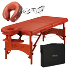 A portable massage table in cinnamon color with a black carrying case. The image shows the table from various angles, highlighting its features such as the adjustable face cradle, cushioned face pillow, and arm rest shelf.