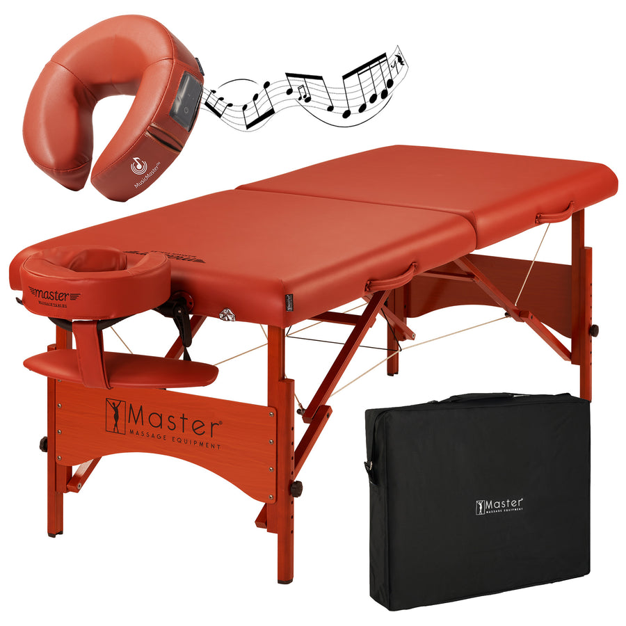 A portable massage table in cinnamon color with a black carrying case. The image shows the table from various angles, highlighting its features such as the adjustable face cradle, cushioned face pillow, and arm rest shelf.